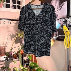 Adrianna Papell Black Floral V‎ Neck Short Sleeve Blouse Top